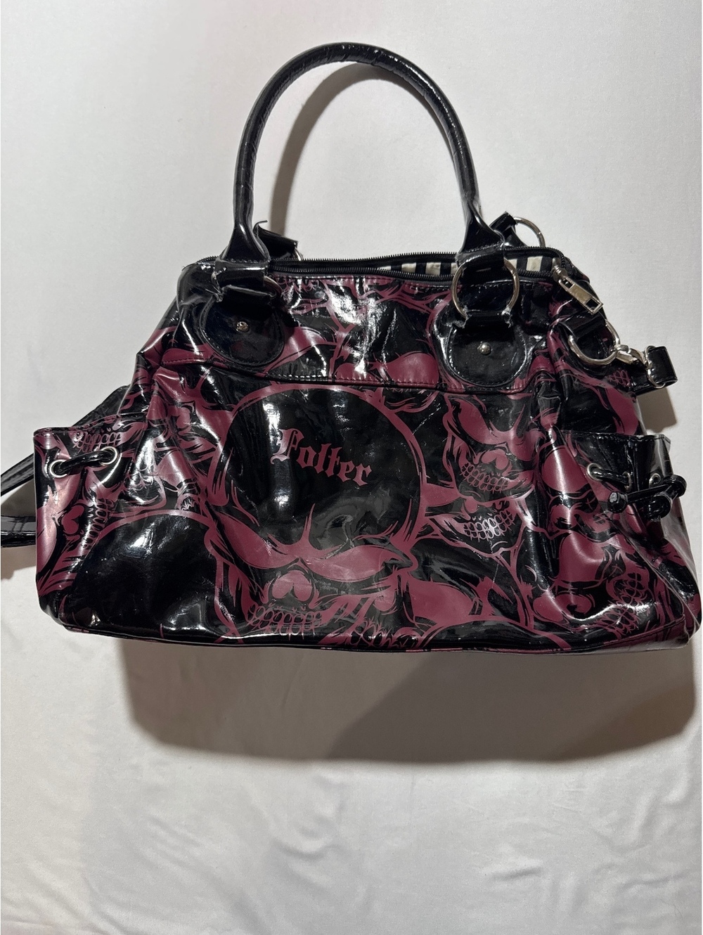 Folter Skull Print Patent Leather Satchel with Striped Liner